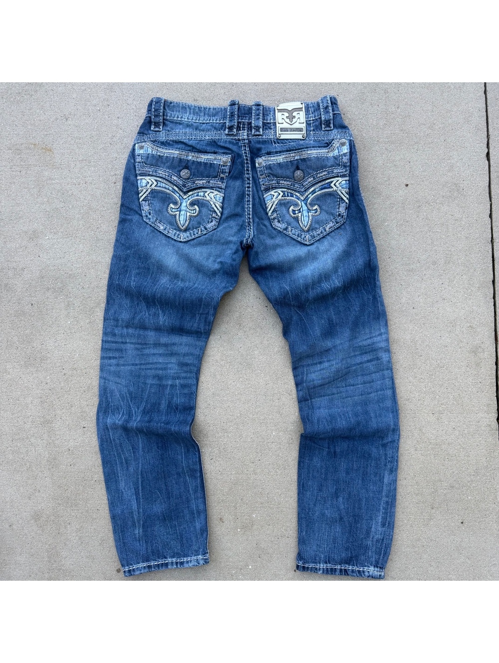Rock Revival Y2K Slim Straight Jeans Mens 34 Blue Embroidered Pockets